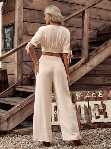 LanaWest Country Music Festival Women's Vacation Shirred Top + Wide Leg Shirred Pants Bohemian Set - Apricot - View 2