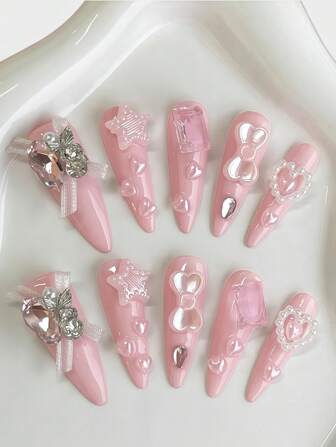 Kawaii Cute Elegant Pink Y2K Star, Heart, Romantic Sweet Ribbon Bow Detachable Handmade Long Fake Nails, Fresh Girl Style, Suitable For Daily Wear