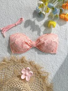 Swim Mod Jacquard Knit Wireless Cropped Cami Tank Top For Women, Summer Beach Casual Holiday Cute Swimwear Top - Coral Pink - View 1