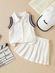 Baby Girls 2024 Summer New Style University Top + White Pleated Skirt 2Pcs Set - White - View 7