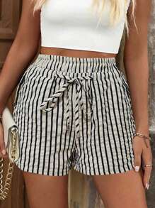 Calvaya Shorts sueltos casuales de bolsillo con cinturón y rayas para mujer de talla grande - Multicolor - Ver 5