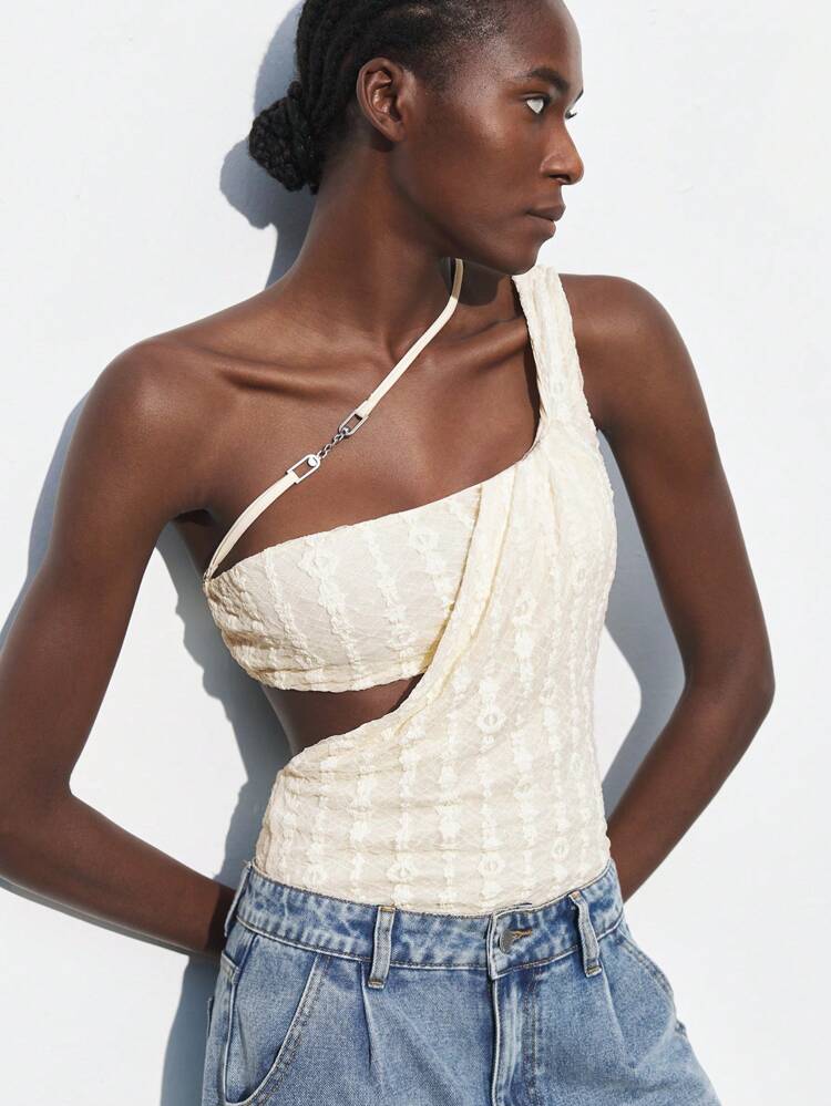 SHEIN Maija 2025 Summer New Arrival Easter Independence Day Multi-Occasion Wear Minimalist Elegant Textured Lace Metal Buckle Decor Asymmetric Cut Beach Resort Casual Romantic Urban Holiday Suitable For Outings, Party, Wedding Guest, Graduation Season Women One-Piece Swimsuit Cream Yellow