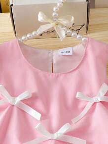 婴儿/女宝宝可爱花蕾连衣裙、无袖背心和短裤套装、时尚夏装、儿童蝴蝶结装饰可爱服装 - 粉色 - 查看 3