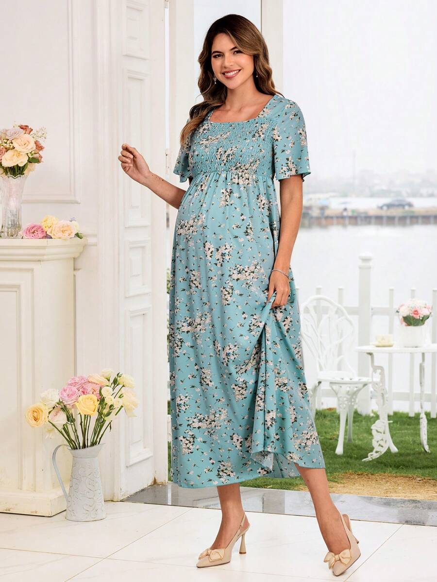 SHEIN Maternity Ditsy Floral Comfortable Dress, Summer - Mint Green - View 1