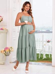 SHEIN Váy bầu hở lưng màu trơn đơn giản cho bà bầu, mùa hè - Màu xanh Bạc hà - Xem 3