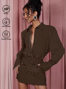 SHEIN X ELOISA & ORSON COSMINA Vestido camisa casual de manga larga con botones, pliegues y rayas para mujer
