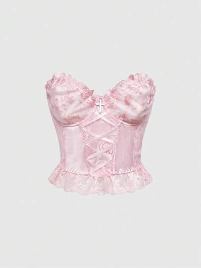 Kawaii Top sexy de mujer color rosa con lazo, encaje y estampado floral romántico y lindo para boda
