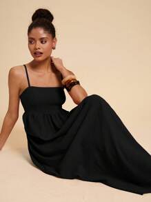 Travachic 女士优雅纯色长款吊带裙 - 黑色 - 查看 6