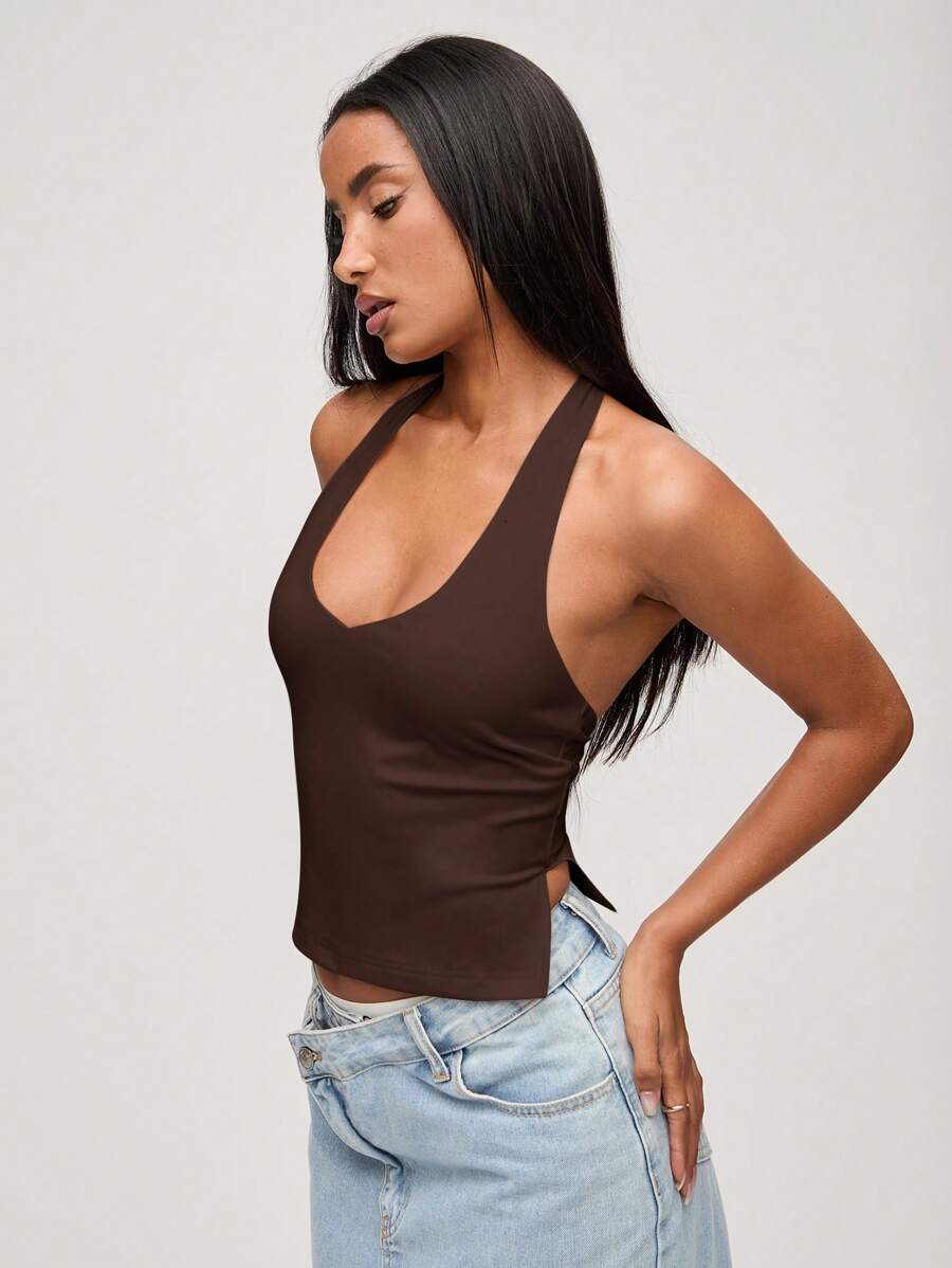SHEIN BASICS Women's Casual Solid Color Knitted Halter Neck Top Brown/Summer - Brown - View 1