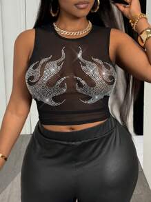Slaydiva 2025 Spring/Summer New Arrival Plus Size Casual LIMITED Edition Hot Diamond Pattern Round Neck Top, Nashville / Concert / Ibiza / Rave / Concert Women / Rave Top / Rave - Black - View 6