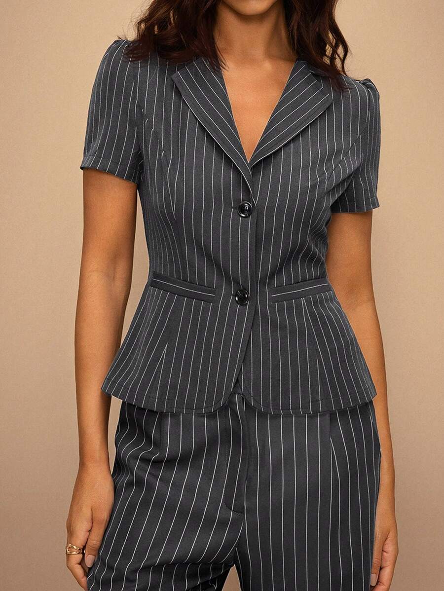 SHEIN Forever 21 女士条纹翻领短款泡泡袖单排扣休闲衬衫