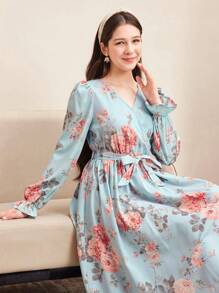 SHEIN Vestido com Decote em V, Manga Babado e Estampa Floral Miúda para Adolescentes