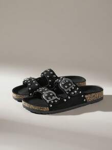 Solecia Giày sandal đế bằng bằng da lộn màu đen thời trang cho nữ, thích hợp để đi làm, hẹn hò, tiệc tùng, đi bộ, đi nghỉ - màu đen - Xem 1