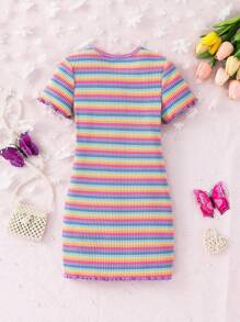 Young Girl Fitted Knit Striped Round Neck Casual Dress - Multicolor - View 7