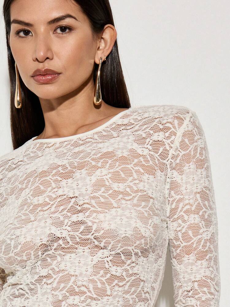 AiiRZ Sheer Lace Long Sleeve Thumb Hole Top Fashion Delicate Elegant Evening Party Formal Workwear Silky Base Layer All Season Slim Fit Blouse
