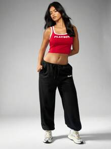 Missguided x Playboy MISSGUIDED Logo Athletik Jogginghose Streetwear Loungewear Trainingshose mit Taschen, elastischer Bündchen, Winter und Herbst Freizeitkleidung, bequem