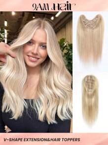 1pc V-Shaped Hairpiece Clip In Hair Extensions &1pc 3.25*5 Real Human Hair Toppers 14Inch/35Cm&12Inch/30Cm 100% Real Remy Human For Thinning Hair - Easy To Style, Lightweight, Breathable, Invisible And Undetectable, Suitable For All Hair Types And Daily Wear Honey Golden Light Blonde Color S18/22# - SP18/22 - View 1