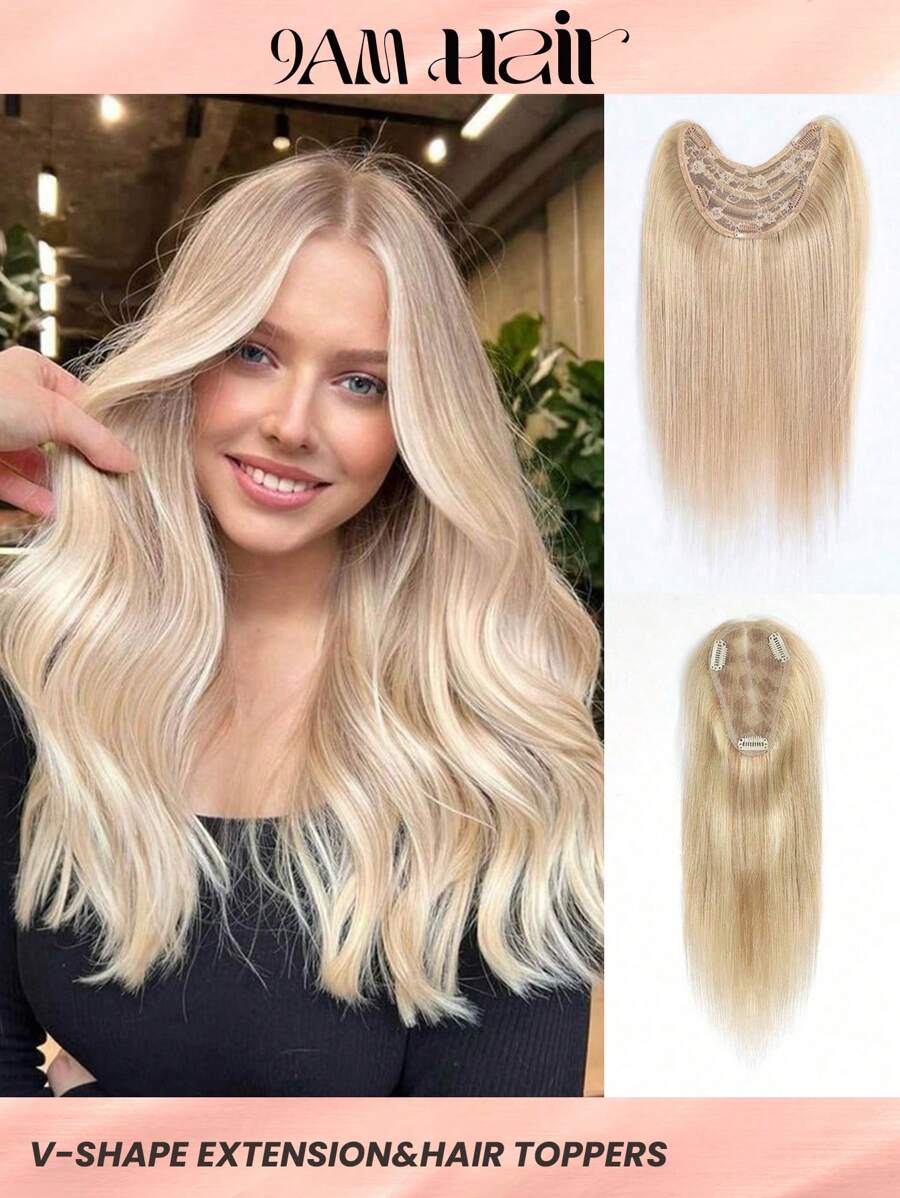 1pc V-Shaped Hairpiece Clip In Hair Extensions &1pc 3.25*5 Real Human Hair Toppers 14Inch/35Cm&12Inch/30Cm 100% Real Remy Human For Thinning Hair - Easy To Style, Lightweight, Breathable, Invisible And Undetectable, Suitable For All Hair Types And Daily Wear Honey Golden Light Blonde Color S18/22# - SP18/22 - View 1
