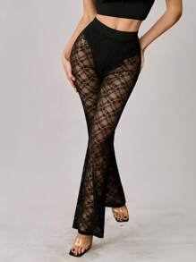 SHEIN Tall Y2K夏季蕾丝三角裤带三角裤防走光透视阔腿裤时尚百搭 - 黑色 - 查看 3