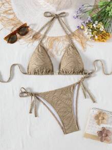 Swim Vcay 2 件套纹理吊带露背短款上衣和侧带下装性感比基尼套装，夏季 - 卡其色 - 查看 1