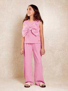 SUMWON 褶饰蝴蝶结上衣和阔腿裤套装夏季派对装两件套套装优雅松紧腰海滩度假装 - 粉色 - 查看 8