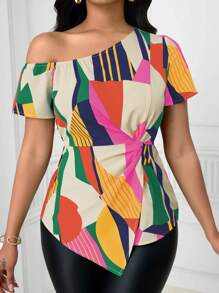 SHEIN Unity Camisa de mujer con estampado geométrico de rayas y cuello asimétrico de manga corta - Multicolor - Ver 1