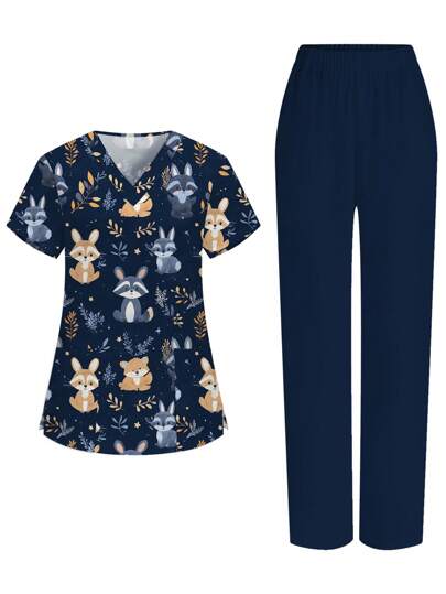 PopScrub Conjunto de blusa de manga corta y pantalones con estampado de enfermera de dibujos animados para mujeres
