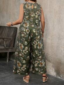 EMERY ROSE 大码女式印花圆领无袖阔腿裤两件套，夏季