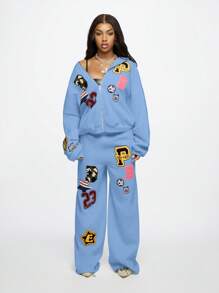 SUMWON WOMEN 带运动补丁的校园徽章慢跑运动裤秋季时尚休闲家居服运动运动裤啦啦队裤街头服饰下装 - 淺藍色 - 查看 6