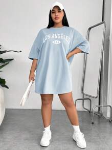 SHEIN EZwear Plus Size Women Letter Print Drop Shoulder Plus Size T-Shirt Dress