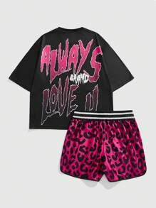 ROMWE MEN Street Life Men's Hip Hop Graphic Print T-Shirt And Leopard Print Shorts Set, Summer