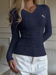 CovetEZ 女士纯色 V 领长袖毛衣，简约时尚，适合夏季，秋冬季上学上衣 - 藏蓝色 - 查看 4