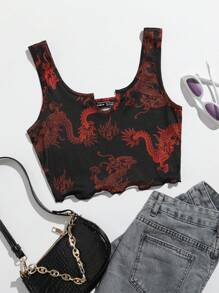 SHEIN EZwear Dragon Print Lettuce Trim Crop Tank Top