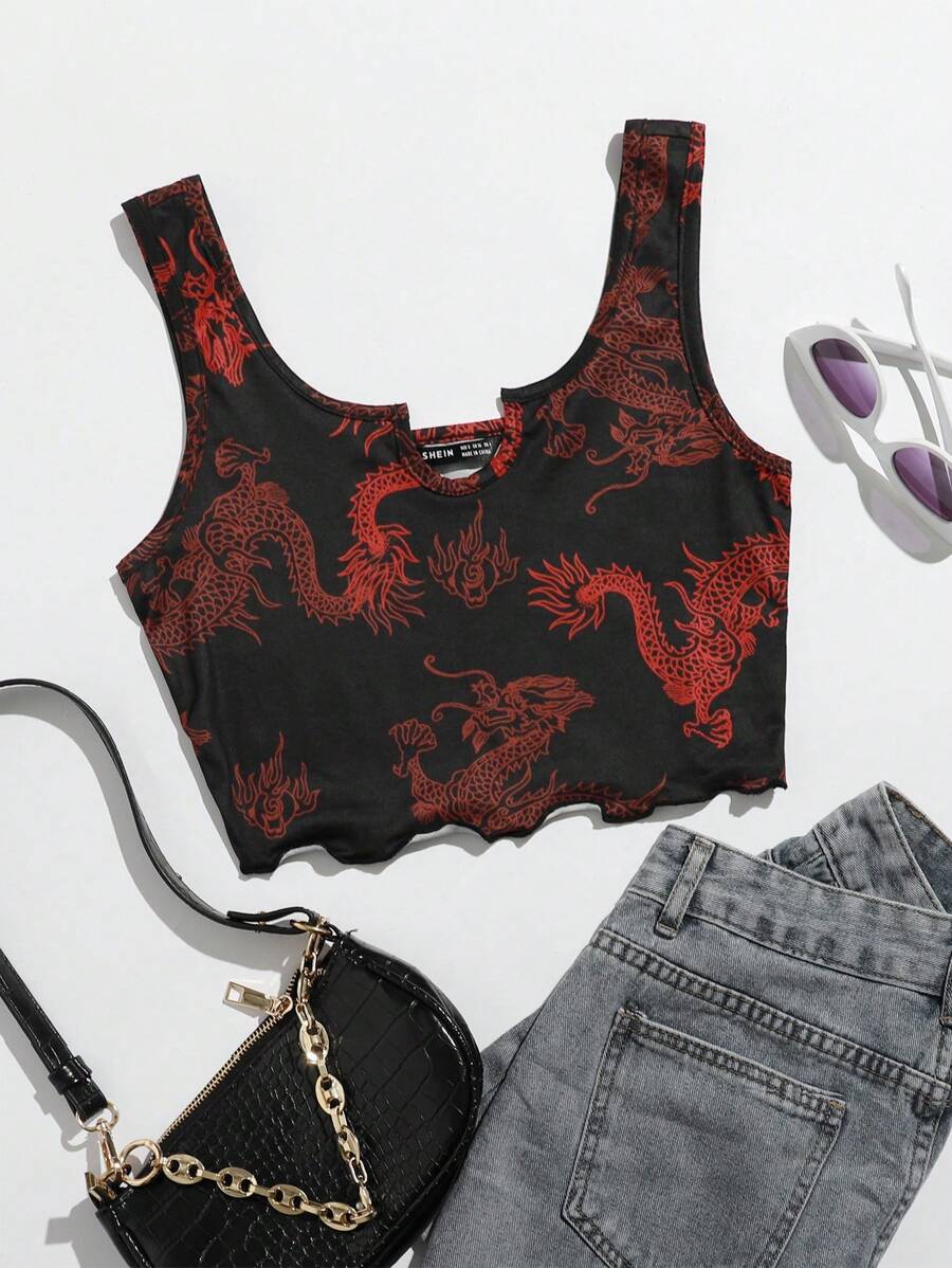 SHEIN EZwear Dragon Print Lettuce Trim Crop Tank Top