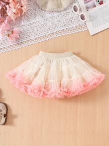 SHEIN Young Girl Elegant 3D Floral Mesh Panel Camisole + Ombre Mesh A-Line Skirt, 2 Pieces Set - Apricot - View 4