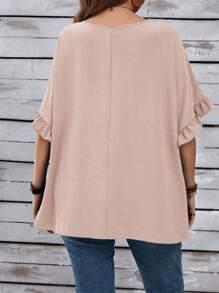 EMERY ROSE Plus Size Women's Vacation Casual Dark Blue Mom Shirts With Ruffled Sleeves For Summer - Baby Pink - View 2