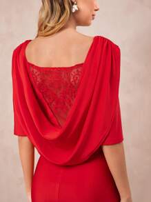 SHEIN Clasi 女士蕾丝垂领红色紧身迷你连衣裙，适合婚礼、派对、春夏季 - 紅色 - 查看 4