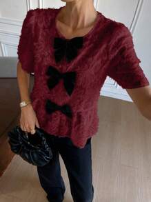 SHEIN Frenchy Women's Bow Decor Round Neck Short Sleeve Ruffle Hem Fashion Blouse Summer Christmas Red - Red - View 4