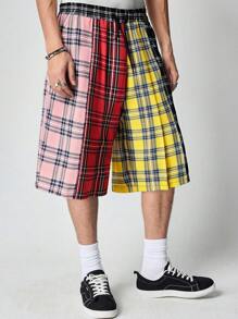 ROMWE MEN Casual Men's Punk Plaid Splice Skort Shorts, College Style For Spring/Summer - Multicolor - View 1