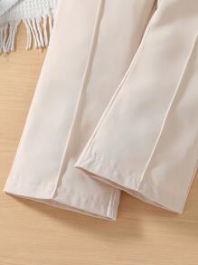 SHEIN Young Girl Plain Color Button Design Toothpick Straight Casual Pants - Khaki - View 3