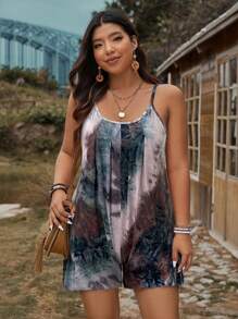 SHEIN LUNE Plus Size Tie-Dye Pattern Camisole Shorts Jumpsuit Summer Boho Simple & Fashionable - Multicolor - View 4