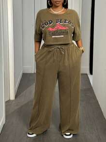 Slaydiva Plus Size Women's Casual Street Style Cropped T-Shirt & Loose Sweatpants 2 Pieces Set - Brown - View 2