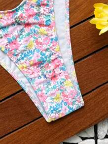 SHEIN Swim 2pcs/Set Women Floral Print Sexy Ruffled Bikini Set With U Neck, For Vacation For Summer - Multicolor - View 5