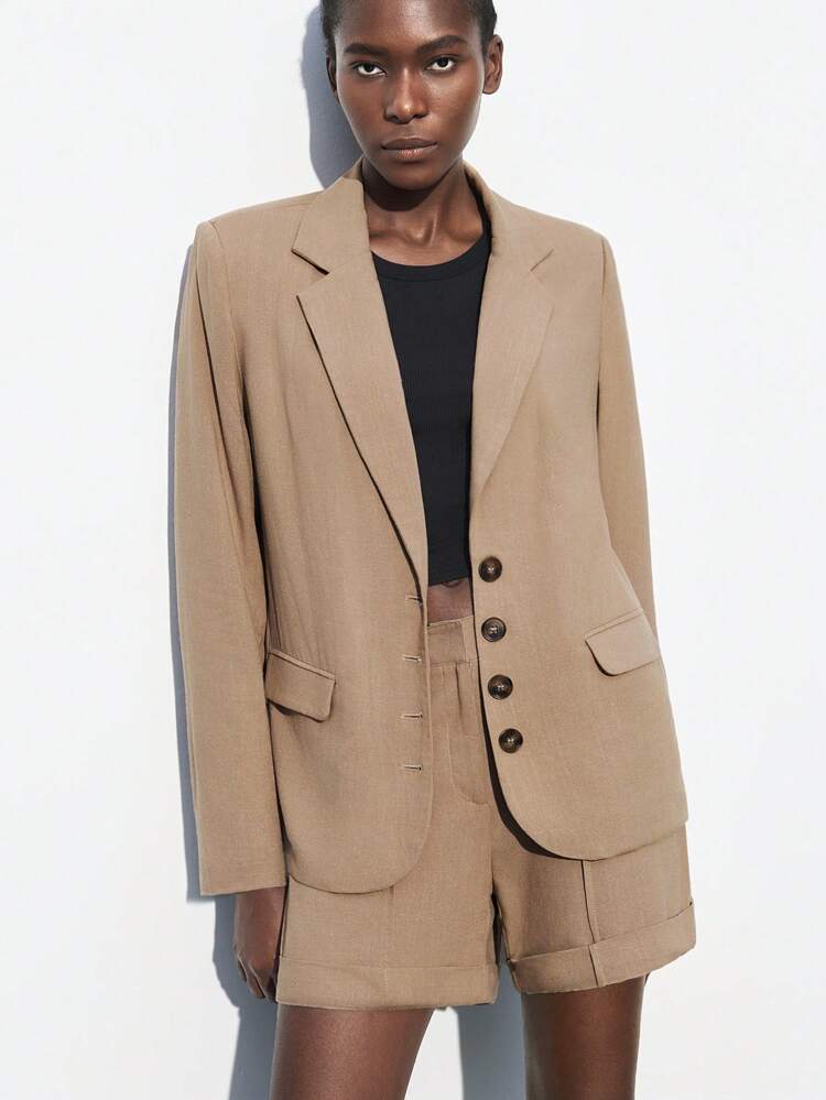 SHEIN Maija 2025 Spring/Summer New Casual Fashionable Relaxed Women Single-Breasted Blazer Jacket, Suitable For Music Festival, Beach Vacation, Daily Casual, Romantic City Getaway, Suitable For Outdoor Events, Weddings, Graduation Season Business Casual Woman Airport For Women