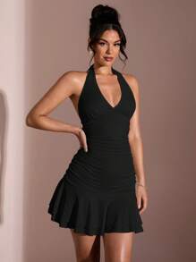 SHEIN BAE Women's Apricot Halter Neck Ruched Mini Dress With Ruffle Hem, Slim Fit, Sweet For Dates, Spring/Summer,Rave Outfits Festival - Black - View 3