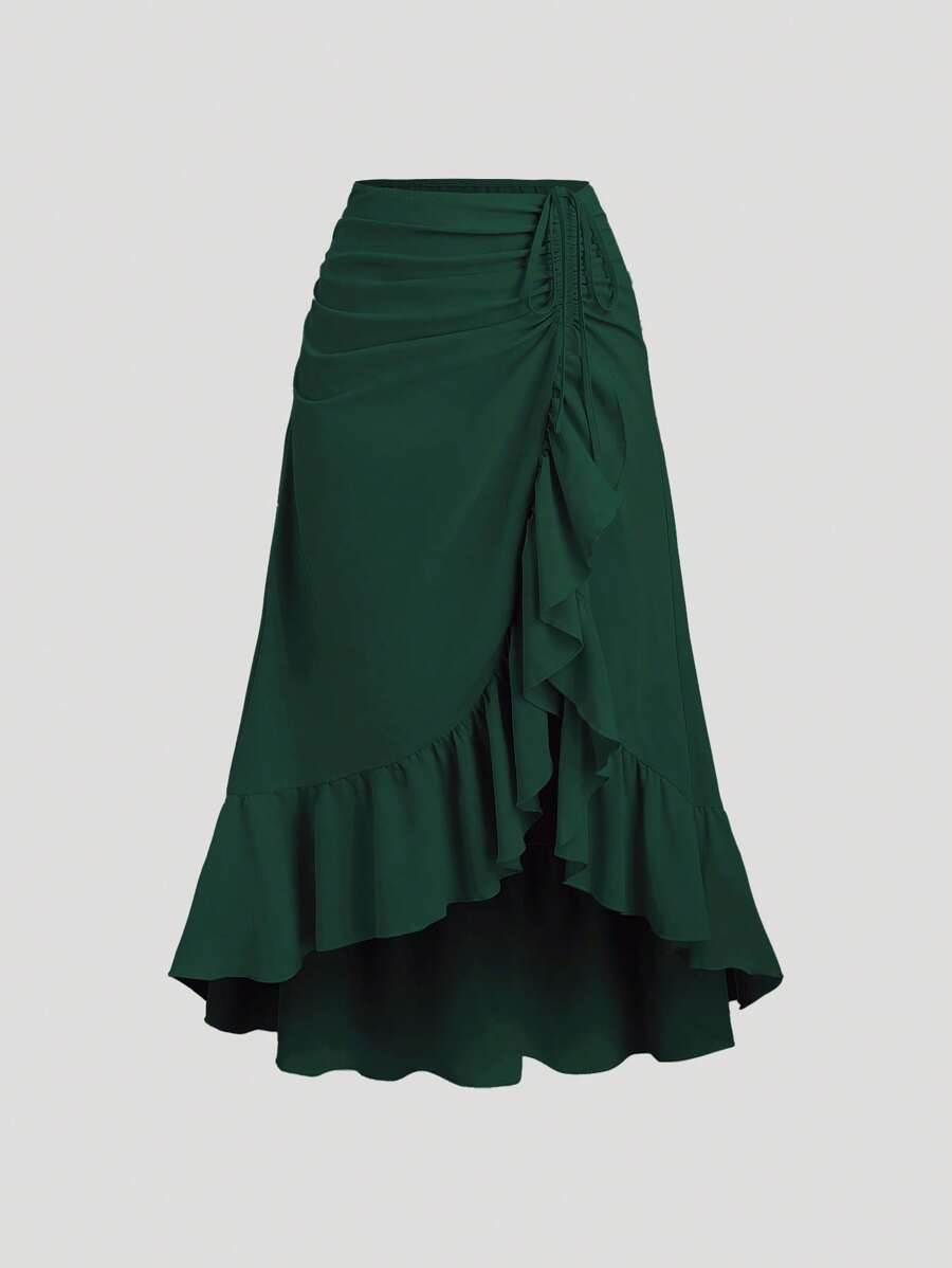 Sweetra Kvinnors nya alla hjärtans dag Burgund hög-låg fåll Retro Palace Style kjol, dragsko med volanger i lager, Festkjol, Bohemian kjol, vår/sommar - Grön - Visa 1