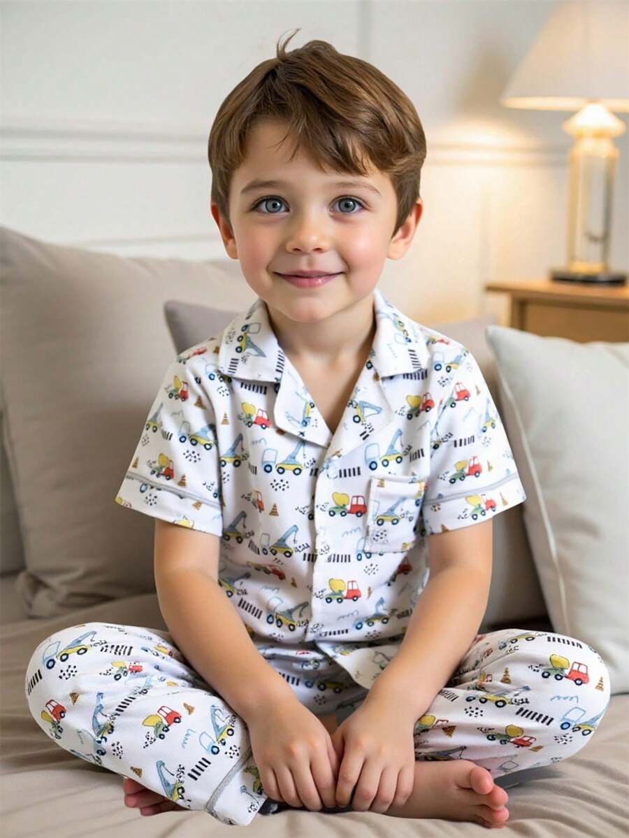 2pcs Baby Boy Knitted Collar Short Sleeve Top & Car Print Pants Home Outfit, Spring/Summer - Multicolor - View 1