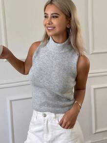 DAZY Top de punto de ajuste ceñido sin mangas de cuello alto de unicolor casual, verano