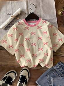 SHEIN Leap Crew Tween Girl 可爱甜美粉色蝴蝶结、数字 23、字母图案短袖圆领 T 恤、休闲简约设计、多件装、夏装 - 彩色 - 查看 3