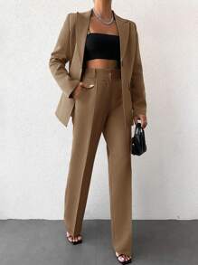 EURMUSE Women's Casual Solid Color Suit Set With Lapel Collar Jacket And Long Pants - Mocha Brown - View 5